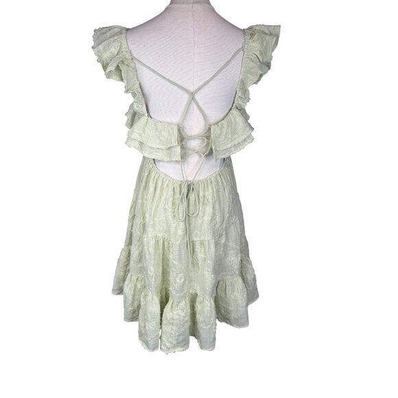 NWT All In Favor Medium Pistachio Ruffled Mini Dress Open Back & Adjustable Tie - Picture 13 of 16
